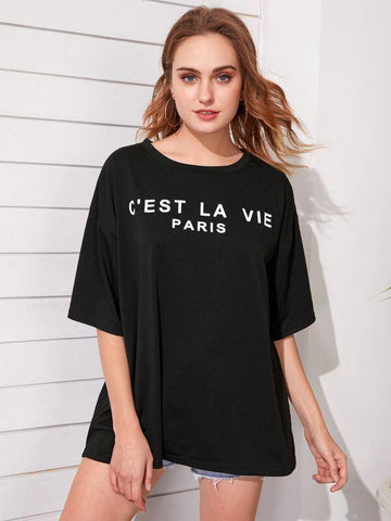 Letter Graphic Drop Shoulder Tee - takostyle