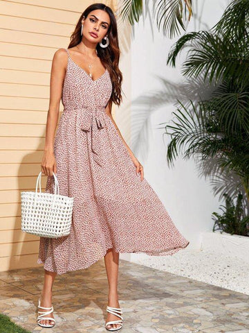 Surplice Neck Self Belted Ditsy Floral Slip Dress - takostyle