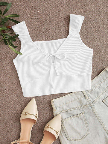 Tie Front Rib-knit Crop Top - takostyle