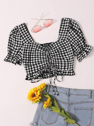 Ruffle Cuff Ruched Drawstring Front Shirred Back Gingham Top - takostyle