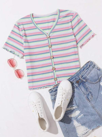 Striped Lettuce Button Front Trim Tee - takostyle