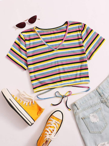 V-neck Striped Crisscross Knot Crop Tee - takostyle