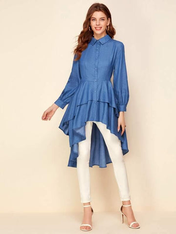 Asymmetric Layered Ruffle Hem Peplum Blouse - takostyle