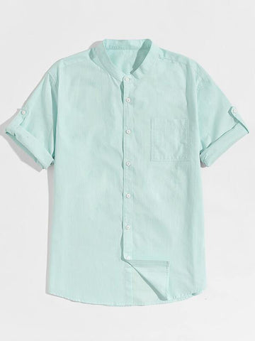 Men Stand Collar Roll Up Sleeve Shirt