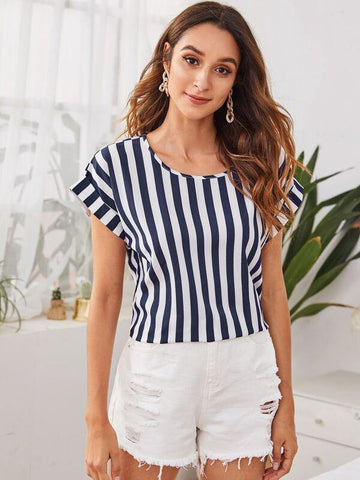 Cuffed Sleeve Two Tone Striped Top - takostyle