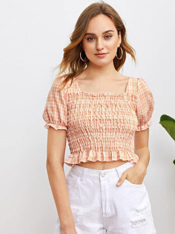 Plaid Frill Trim Shirred Crop Blouse - takostyle