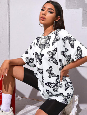 Drop Shoulder Butterfly Print Tee - takostyle