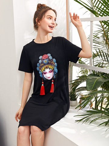 Peking Opera Figure Print Tee Dress