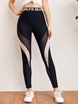 Letter Waist Sheer Mesh Insert Leggings - takostyle