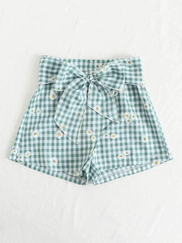 Belted Floral Embroidery Gingham Shorts - takostyle