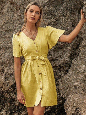 Butterfly Sleeve Button Front Belted Dress - takostyle