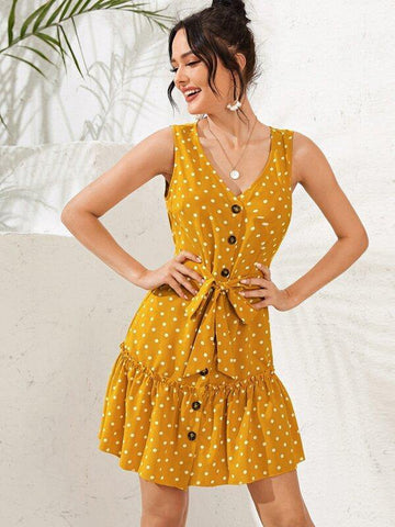 Polka Dot Button Front Self Tie Ruffle Hem Dress - takostyle