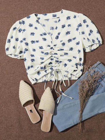 Puff Sleeve Drawstring Floral Top - takostyle