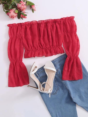 Swiss Dot Frill Trim Crop Bardot Blouse - takostyle