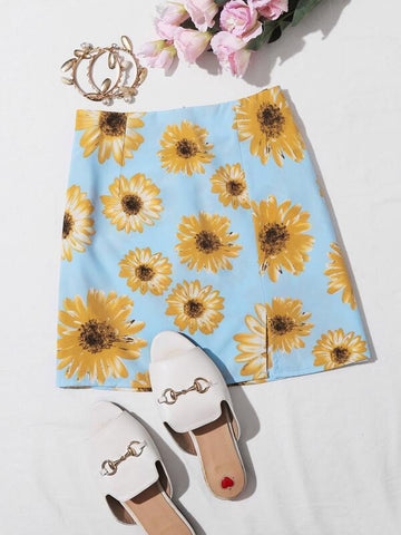 Zipper Back Split Hem Sunflower Print Skirt - takostyle