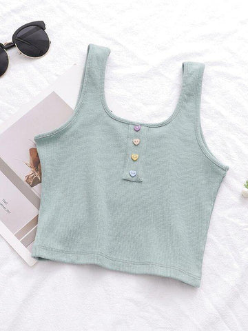 Heart Button Rib-knit Tank Top - takostyle