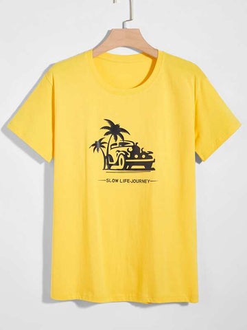 Men Palm Tree & Slogan Graphic Tee