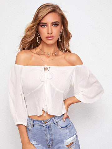 Off Shoulder Tie Front Peplum Top - takostyle