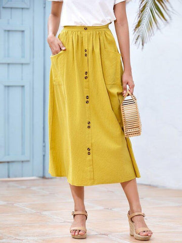 Dual Pockets Button Front A-line Skirt - takostyle