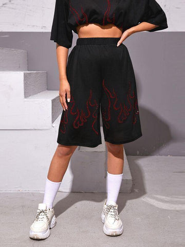 High Waist Rhinestone Fire Shorts - takostyle