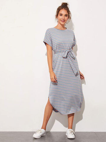 Self Belted Split Side Striped Dress - takostyle
