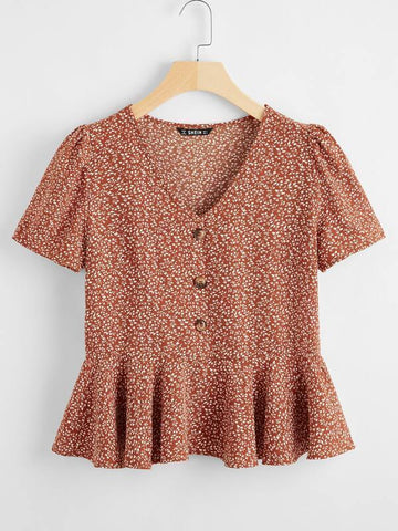 Ditsy Floral Print Button Front Smock Top - takostyle