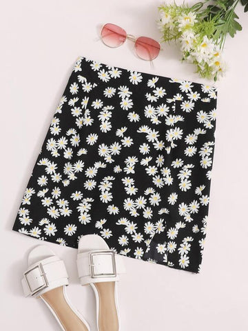 Slit Hem Daisy Floral Skirt - takostyle