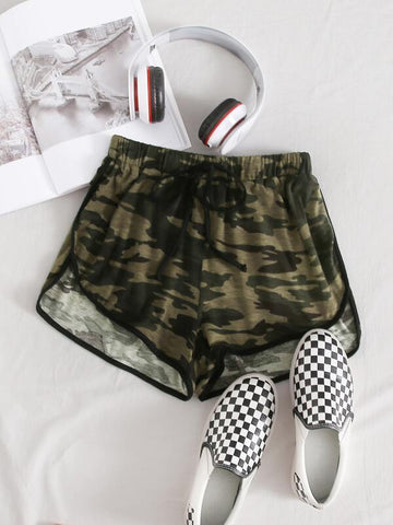 Camo Print Drawstring Waist Dolphin Shorts - takostyle