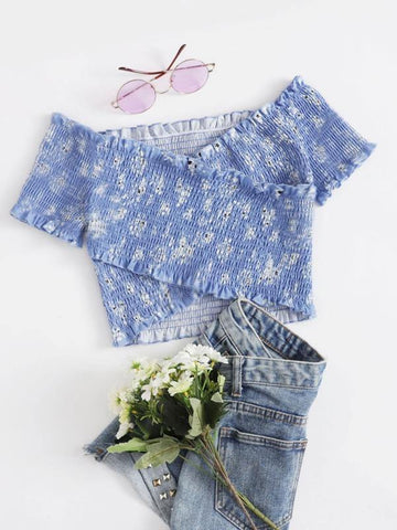 Frill Trim Cross Wrap Shirred Bardot Top - takostyle