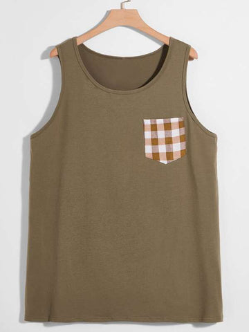 Men Gingham Patched Tank Top