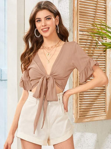 Tie Front Flounce Sleeve Crop Top - takostyle