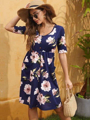 Floral Print Dual Pocket Button Front Dress - takostyle