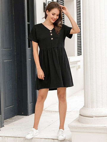 Roll Up Sleeve Button Front Smock Dress