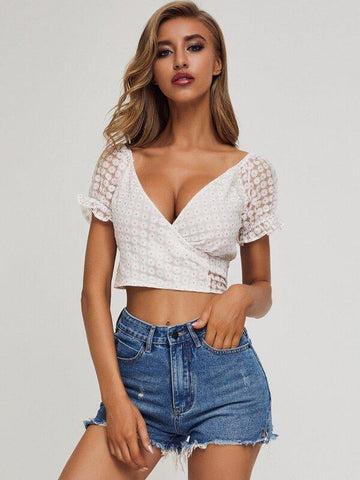 SBetro Wrap Tie Back Flower Mesh Top - takostyle