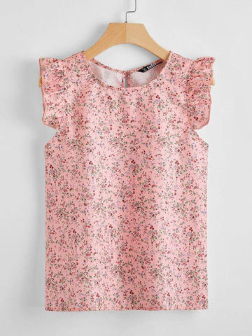 Ruffle Trim Ditsy Floral Top - takostyle