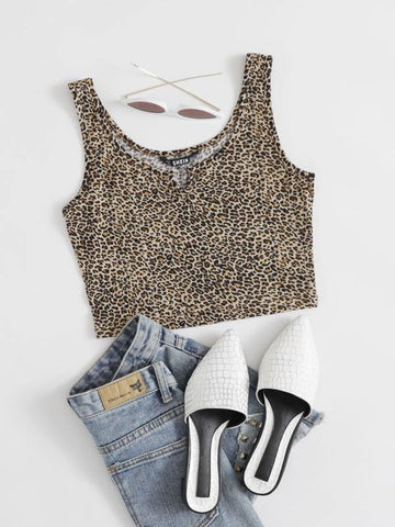 Notched Neck Leopard Tank Top - takostyle