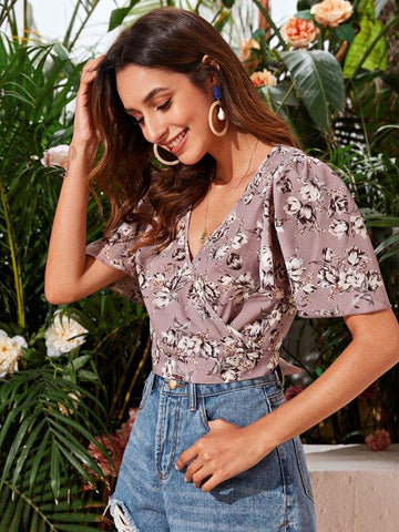 Flutter Sleeve Surplice Neck Belted Floral Top - takostyle