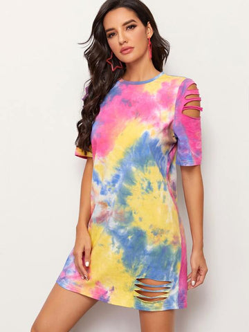 Laddering Cutout Detail Tie Dye Dress Without Bag