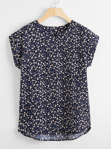 Notch Neck Ditsy Floral Blouse - takostyle