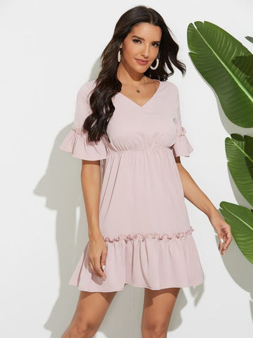 V-neck Frill Flounce Sleeve A-line Dress