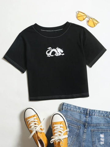 Dragon Print Crop Tee - takostyle
