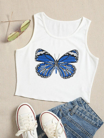 Butterfly Print Ribbed Tank Top - takostyle