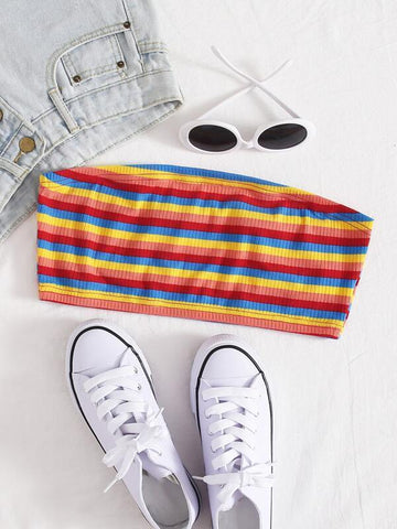 Colorful Striped Rib-knit Tube Top - takostyle