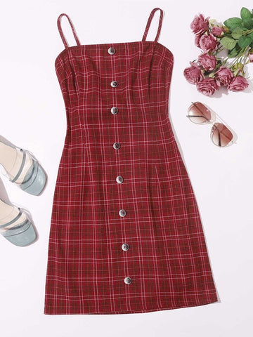 Plaid Button Front Tie Back Cami Dress
