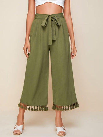 Tie Waist Tassel Hem Wide Leg Pants - takostyle