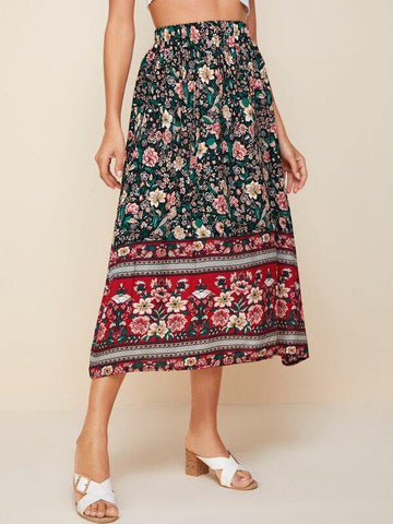 Floral & Tribal Print Longline Skirt - takostyle
