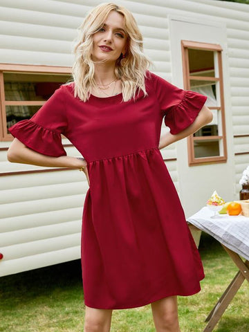Solid Flounce Sleeve Babydoll Dress - takostyle
