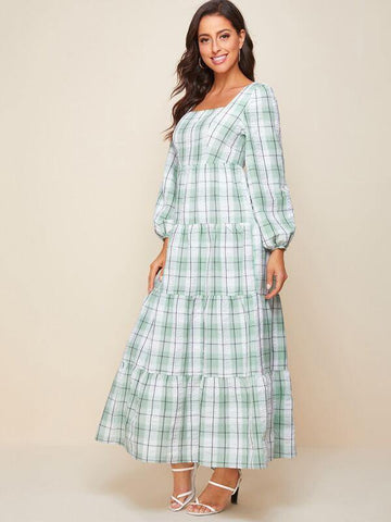 Lantern Sleeve Split Hem Plaid Tiered Dress - takostyle