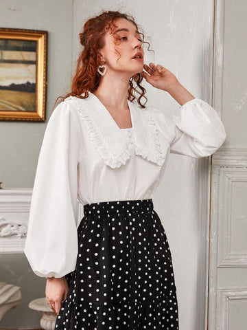 Schiffy Trim Peter-pan Collar Lantern Sleeve Top - takostyle
