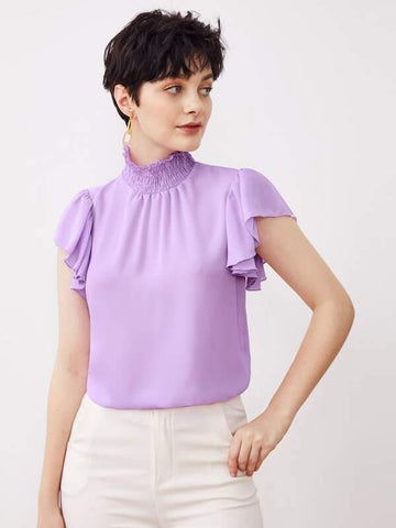 Shirred Neck Butterfly Sleeve Solid Top - takostyle